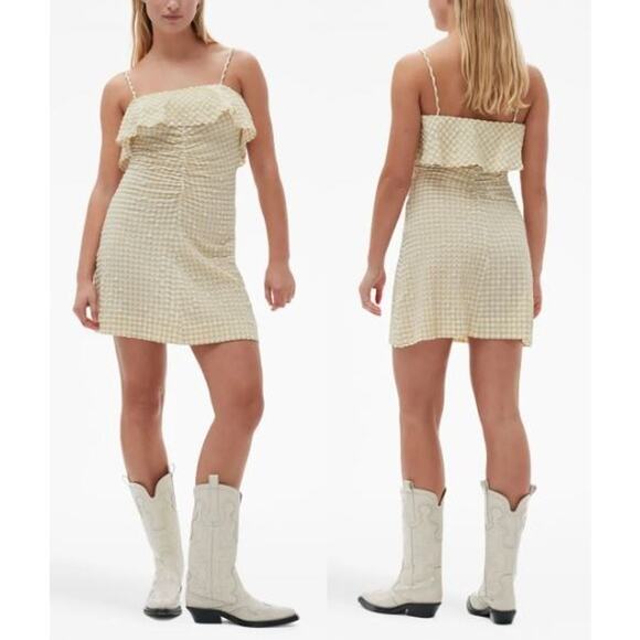 Ganni Gingham Check-Print Ruffled Mini Dress Beige Yellow Women's Size 40 US 8 - Picture 1 of 5